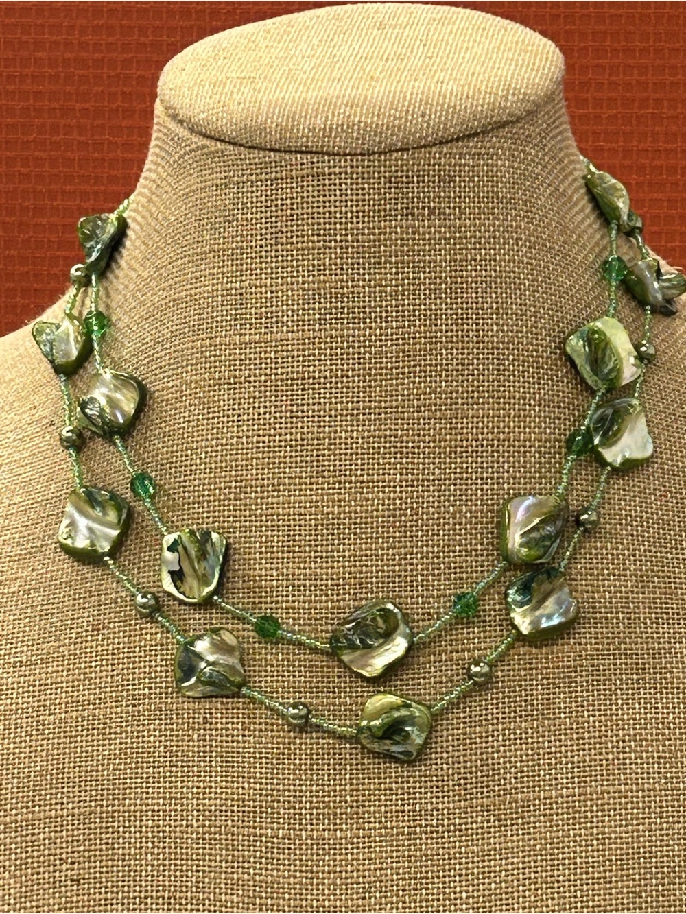 Green Mother-of-Pearl Glass Beaded Double Strand Necklace